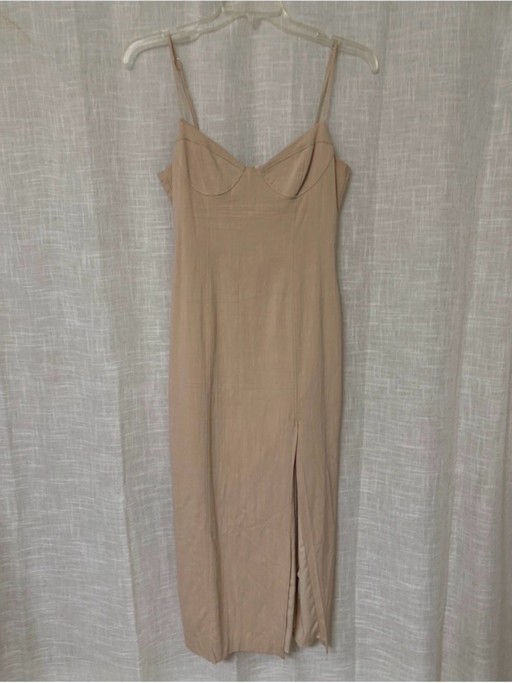 Zara Beige Spaghetti-Strap Midi Dress with Front Slit